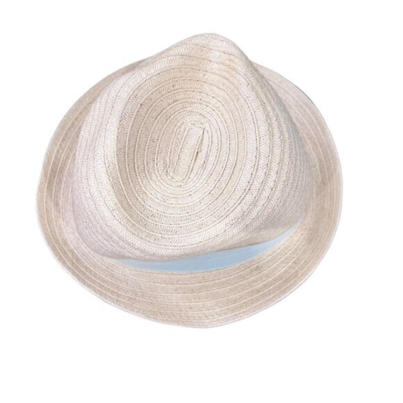 Straw Fedora Hat Preppy BOHO Cottagecore Pool Beach Travel Light Blue Ribbon - Picture 8 of 9